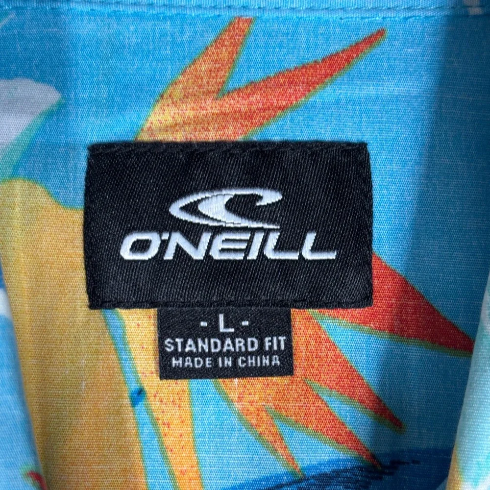 O'Neill Mens Large Blue Tropical Bird of Paradise Short Sleeve Button Down Shirt